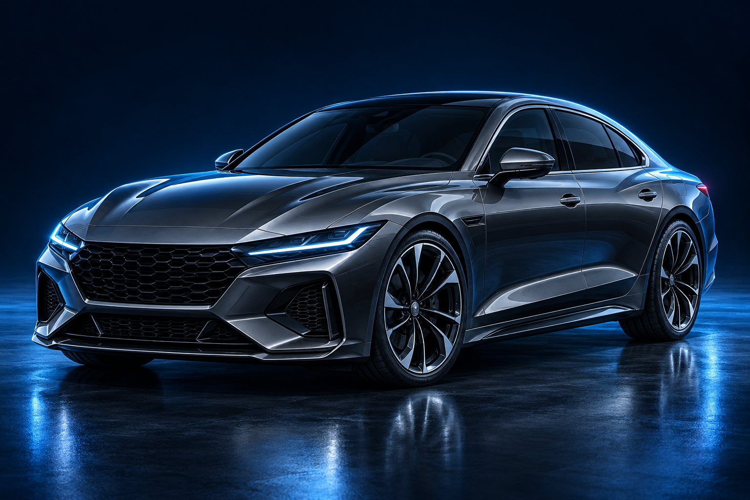 Automóvel grafite com iluminação azul em uma cena automotiva 3D